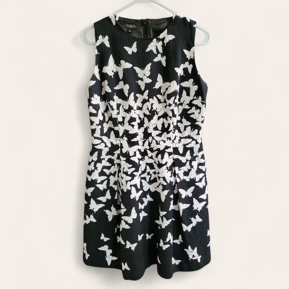 Talbots Pleated Butterfly Dress A Line Black White Womens 8P Sleeveless